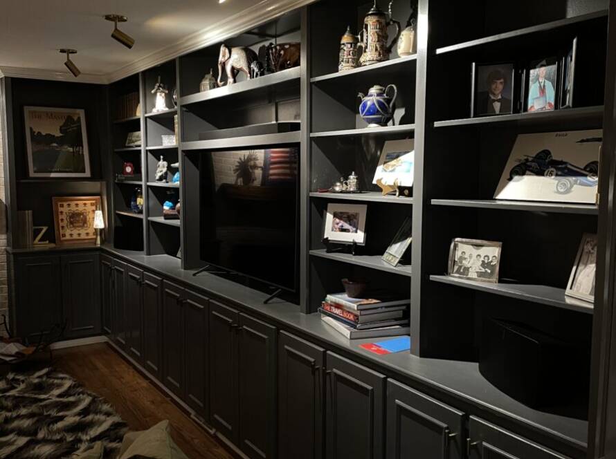 Benjamin Moore Peppercorn, Benjamin Moore Advance Paint, Gold Accents, New Hardwood Floors, Interior Design, Interior Remodeling, New Lighting, Crown Molding,