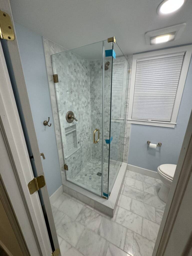 Interior Design, Interior Remodeling, Full Remodel, Intricate Hexagon Tiling, Full Frameless Glass Enclosure, Marble Tiling, New Lighting, Benjamin Moore Paints, Scuff-x Paint, Aura Kitchen and Bath Painting