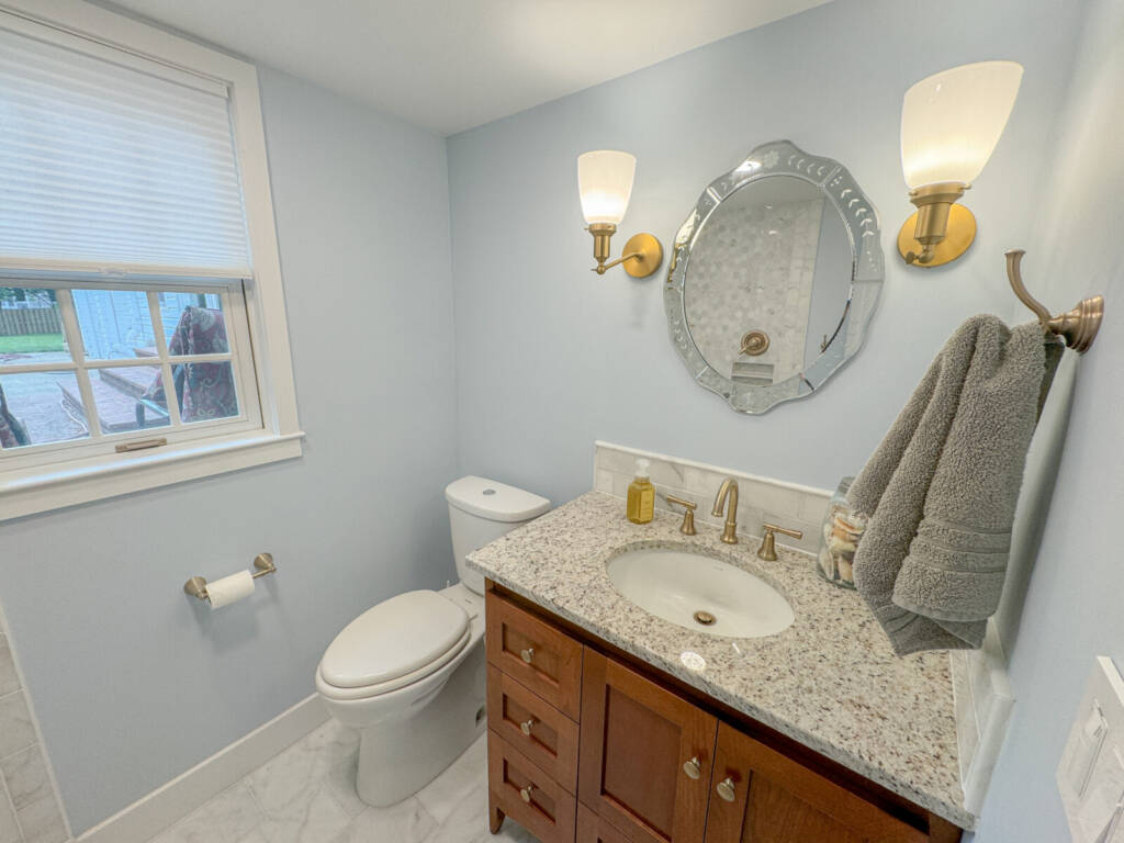 Interior Design, Interior Remodeling, Full Remodel, Intricate Hexagon Tiling, Full Frameless Glass Enclosure, Marble Tiling, New Lighting, Benjamin Moore Paints, Scuff-x Paint, Aura Kitchen and Bath Painting