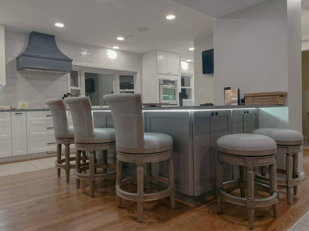 Refinished Flooring, Refinished Cabinets, Painted Cabinets, Granite Countertops, New Lighting, Subway Backsplash, White Dove Paint, Benjamin Moore Painting, Interior Design, Interior Remodeling, Open Concept Living, Traditional Design Work