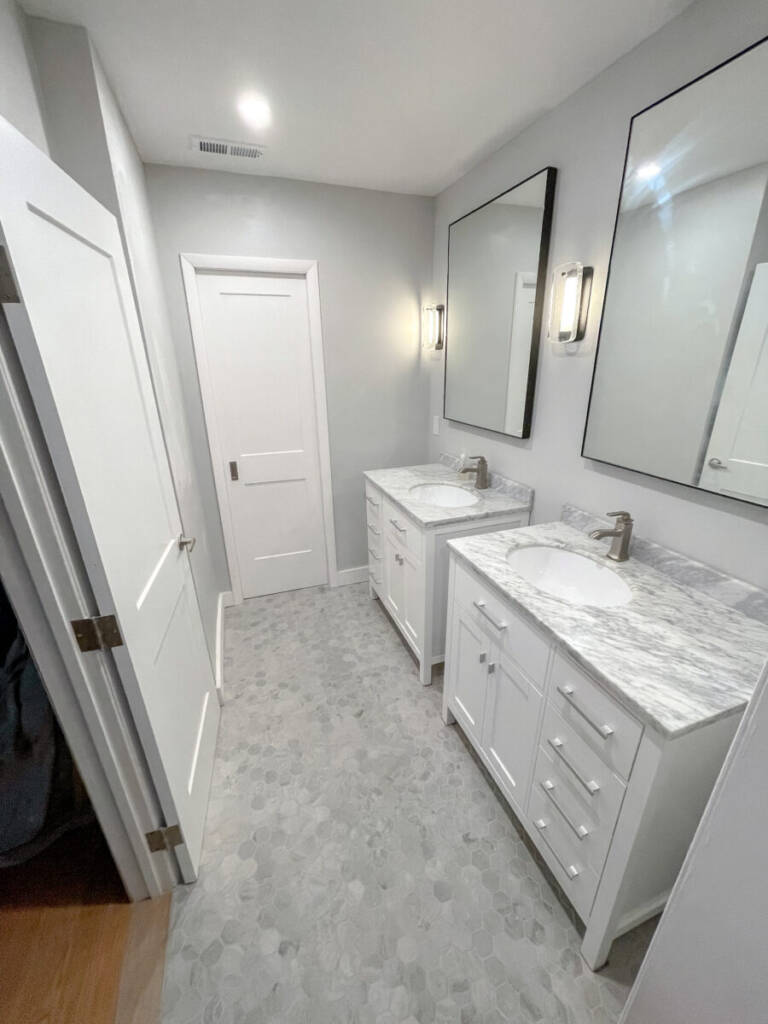 Modern Styled Bathroom, Master Bathroom, His and Hers Sinks, His and Hers Vanity, Modern Fixtures, Granite Counters, Hexagon Tiles, Benjamin Moore Paint, Aura Bath and Spa, Unique Design, Interior Design, Remodeling, Interior Remodeling,