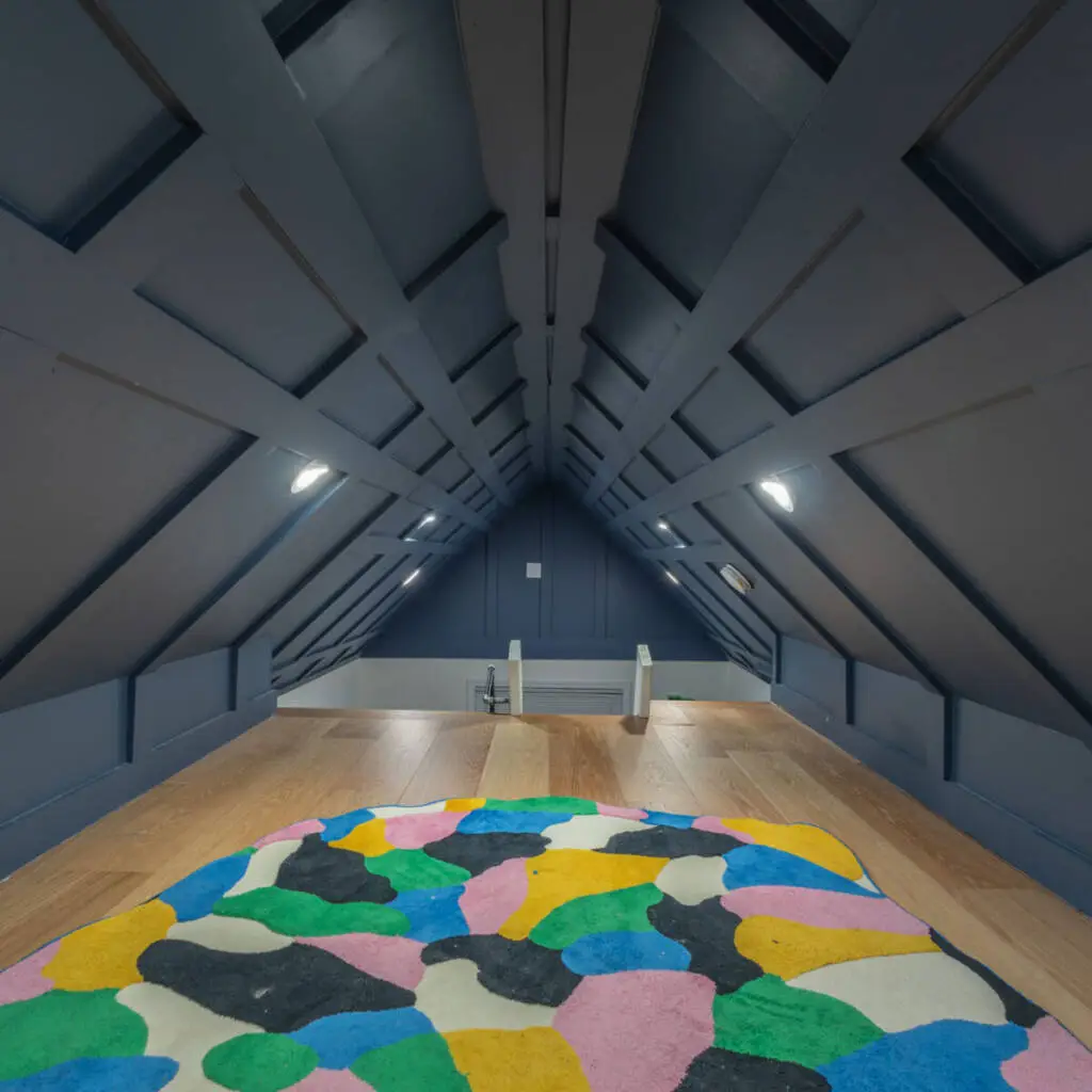 a loft space with wood flooring, recessed lighting, dark blue paint on the walls and celling area and a colorful geometric rug